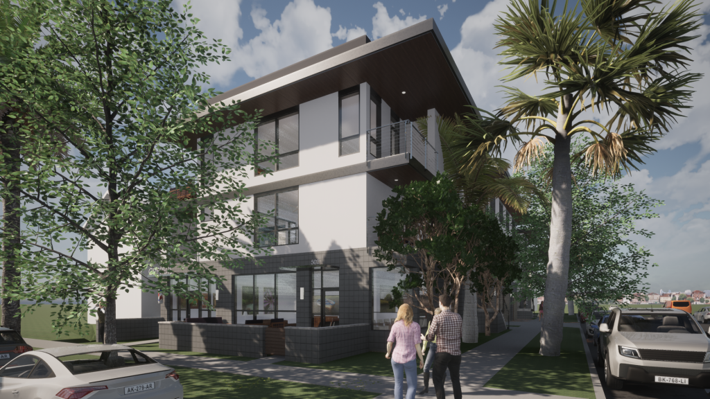 Freeman Street mixed-use project that included 5-unit luxury apartments, ground floor retail, enclosed parking, and common areas - showing rendering outdoor building