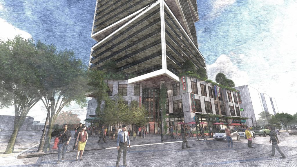 Townline Harmony mixed-use development in Downton Los Angeles, CA including five levels of parking, retail, offices, amenity spaces, apartments, and a rooftop pool, spa, and lounge.